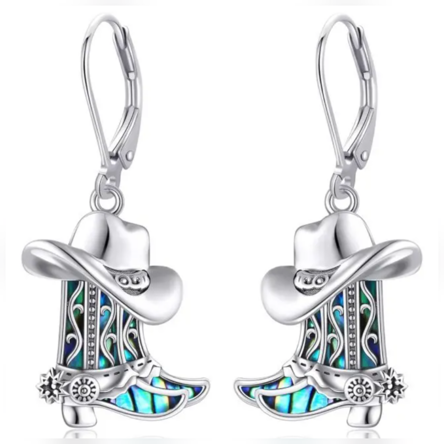 925 Sterling Silver Abalone Shell Cowboy Boots Leverback Earrings Western Style 4cm Long