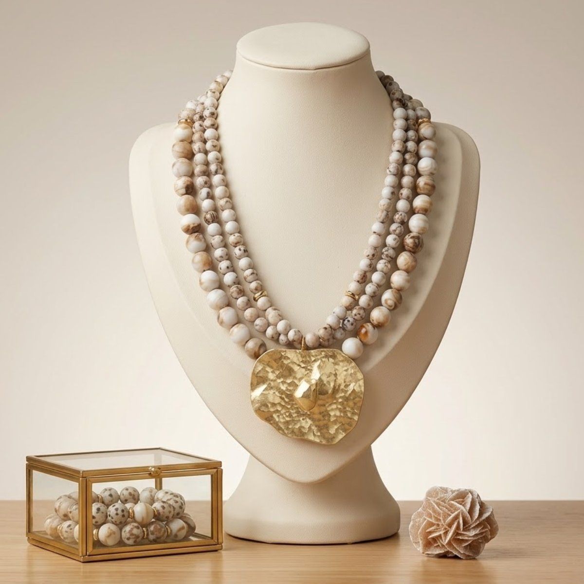 Tribal Ivory Stone Bead Hammered Gold Necklace