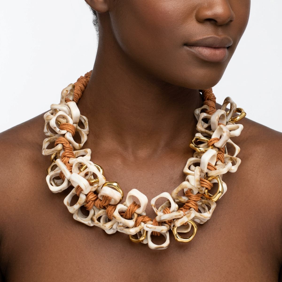 Tribal Marble Ivory Square Leather Woven Necklace