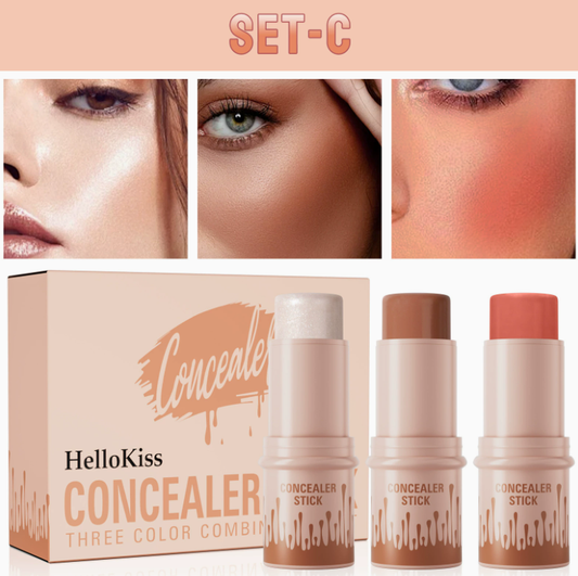 HelloKiss 3-in-1 Contouring Stick Set - All-in-One Highlight, Contour & Blush for a Sculpted Face