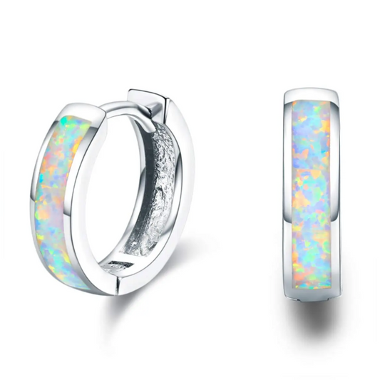 14mm 925 Sterling Silver Simulated Opal Hoop Earrings Women Hypoallergenic Huggie Hinged Colorful Jewelry Gift