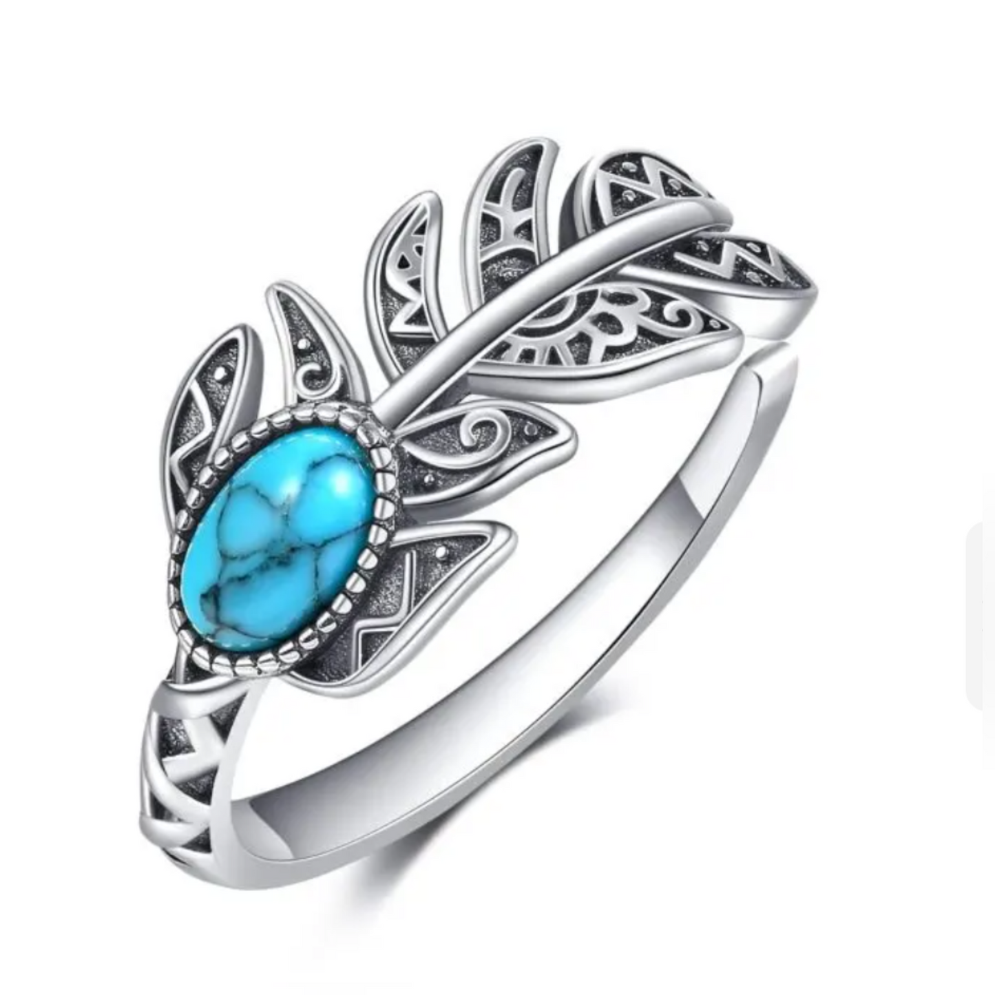 Feather 925 Sterling Silver Turquoise Leaf Design Adjustable Band Ring Boho Style for Her or Him