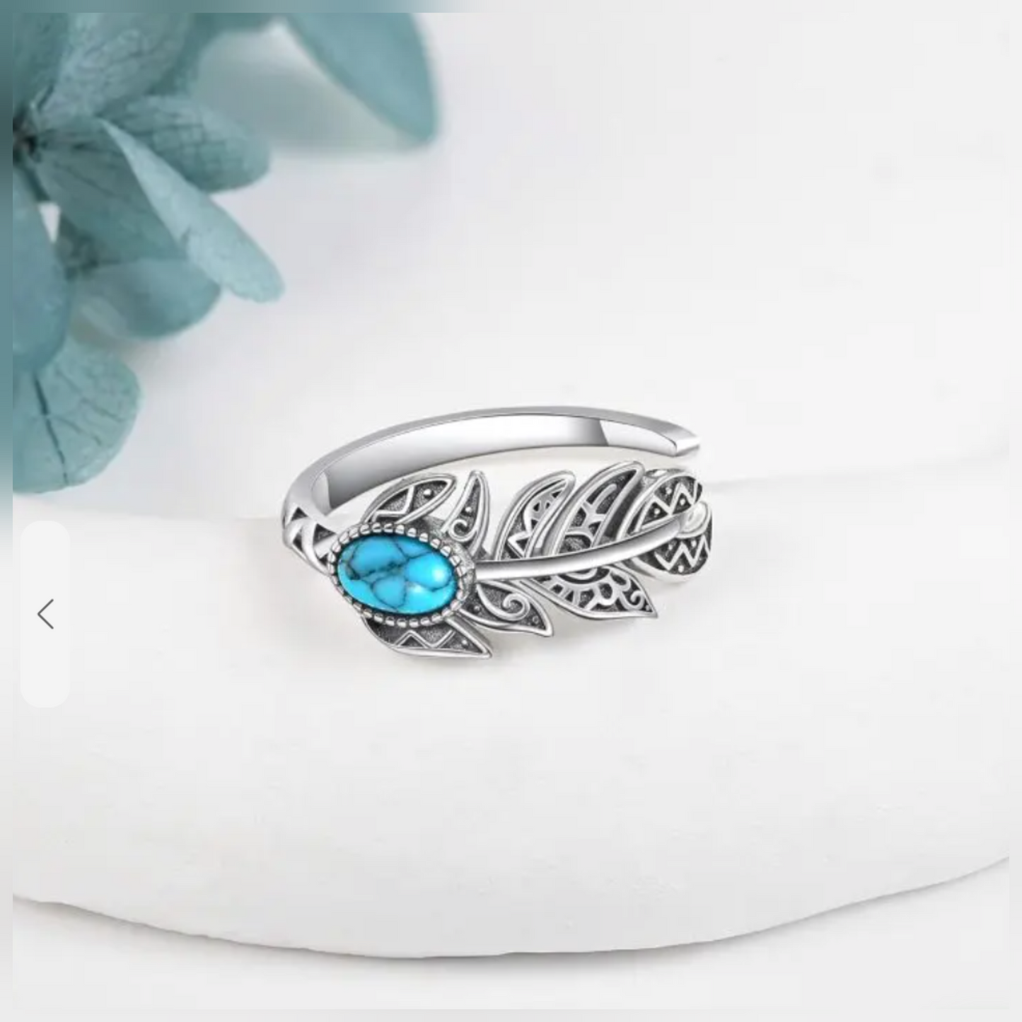 Feather 925 Sterling Silver Turquoise Leaf Design Adjustable Band Ring Boho Style for Her or Him