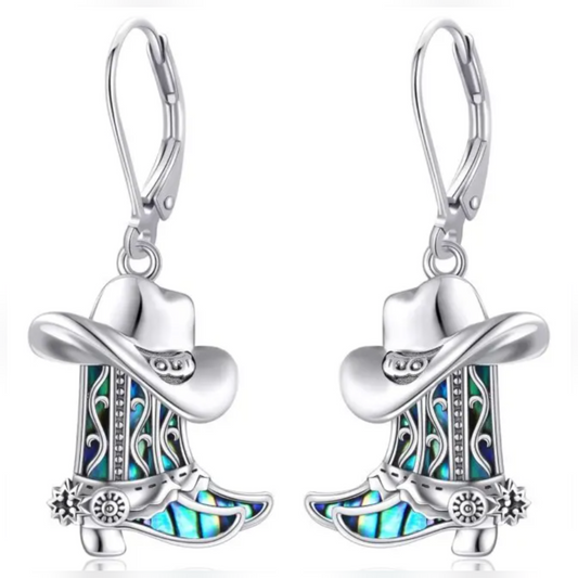 925 Sterling Silver Abalone Shell Cowboy Boots Leverback Earrings Western Style 4cm Long