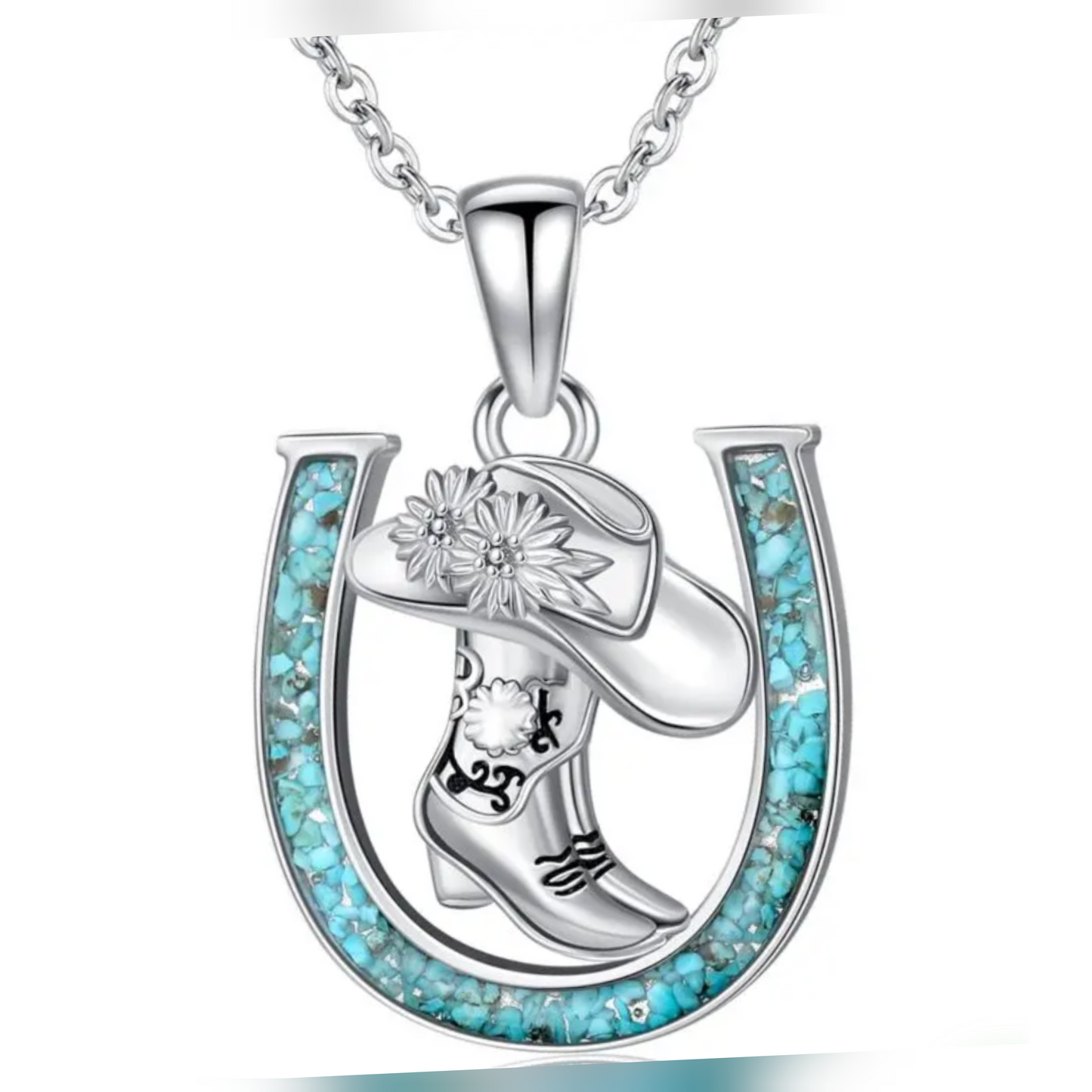 925 Sterling Silver Turquoise Inlay Cowboy Boot Horseshoe Pendant Necklace Western Style