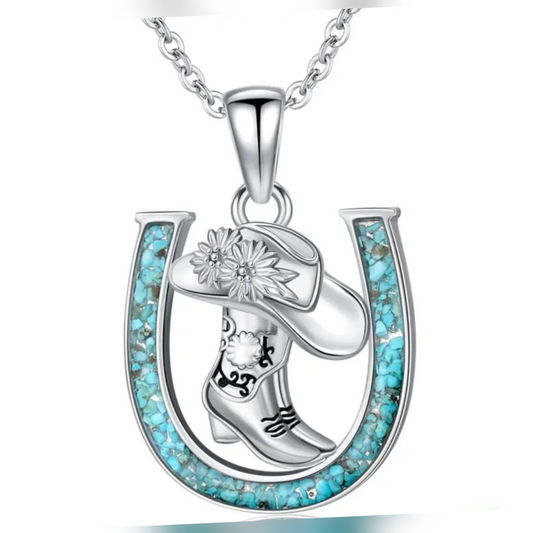 925 Sterling Silver Turquoise Inlay Cowboy Boot Horseshoe Pendant Necklace Western Style