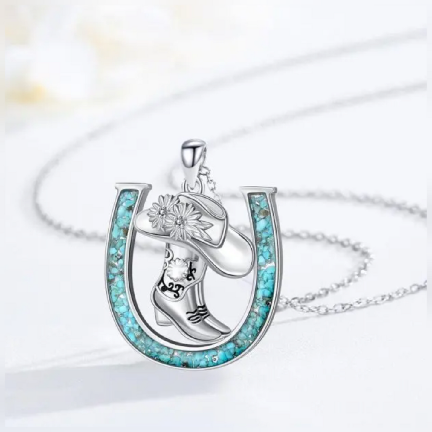 925 Sterling Silver Turquoise Inlay Cowboy Boot Horseshoe Pendant Necklace Western Style