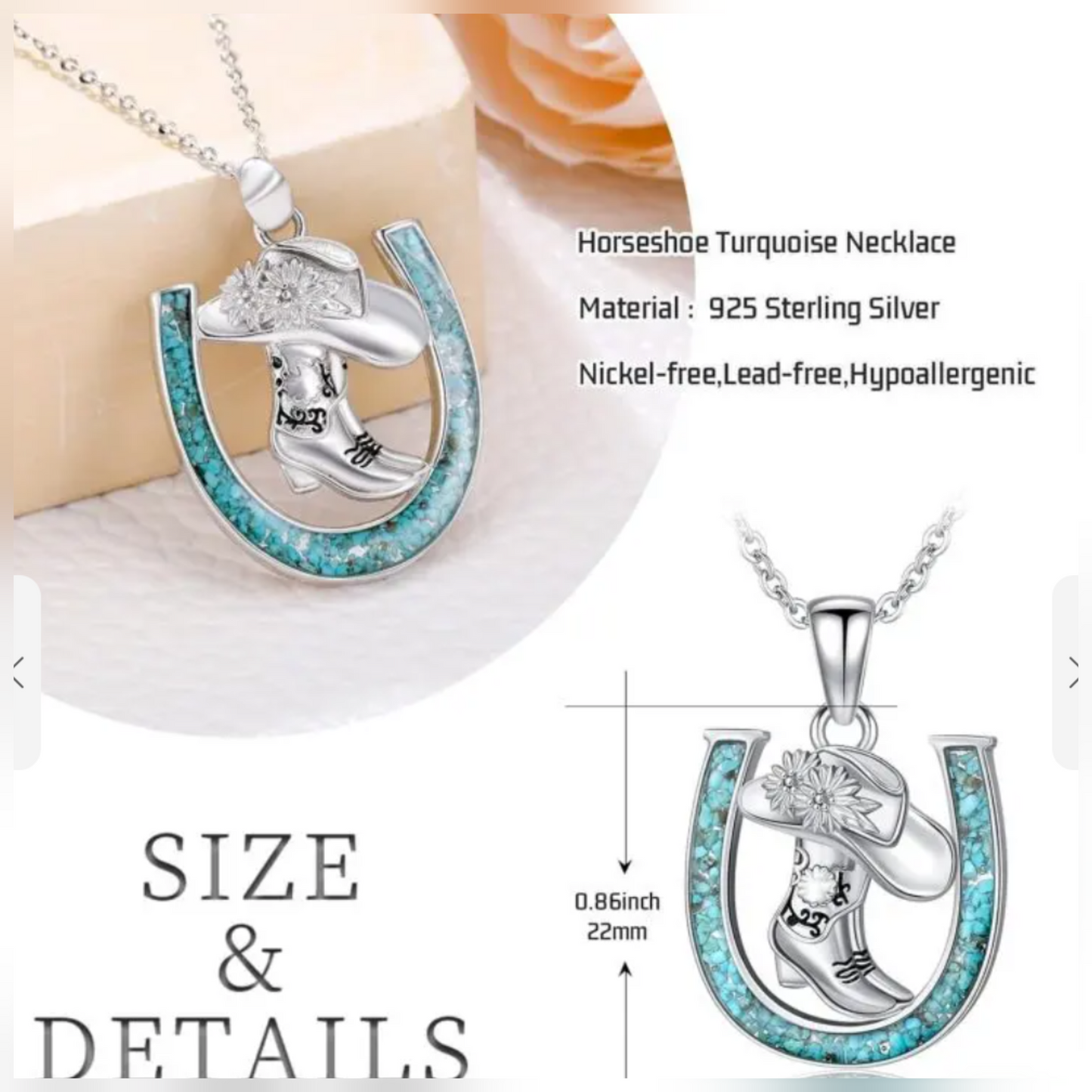 925 Sterling Silver Turquoise Inlay Cowboy Boot Horseshoe Pendant Necklace Western Style