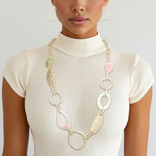 Long Gold Pink and Green Link Chain Necklace