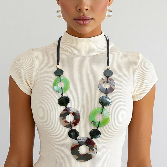 Long Linked Camouflage Rings Black Cord Necklace