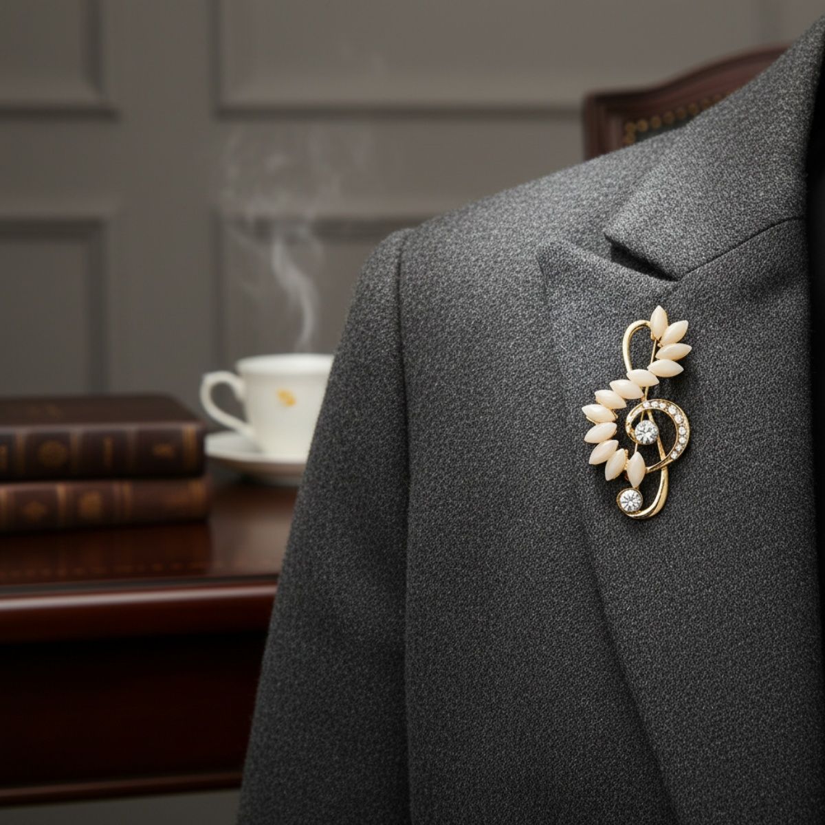 Brooch Gold Treble Clef Cream Marquise Stone Pin