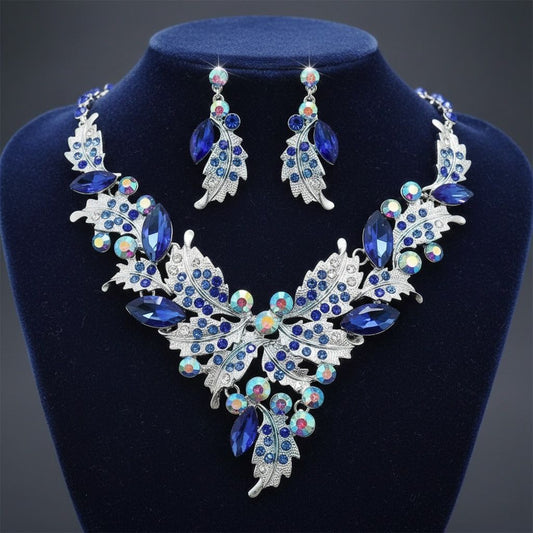 Blue Crystal Silver Leaf Petal Cut V Necklace