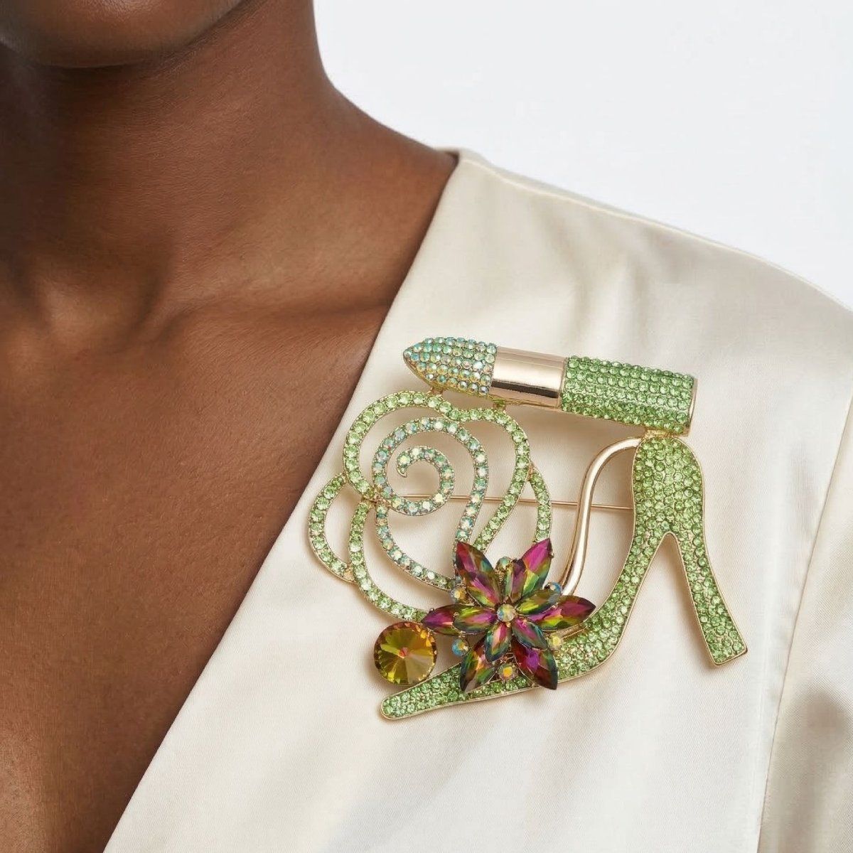AKA Luminous Lipstick High Heel Green Gold Brooch