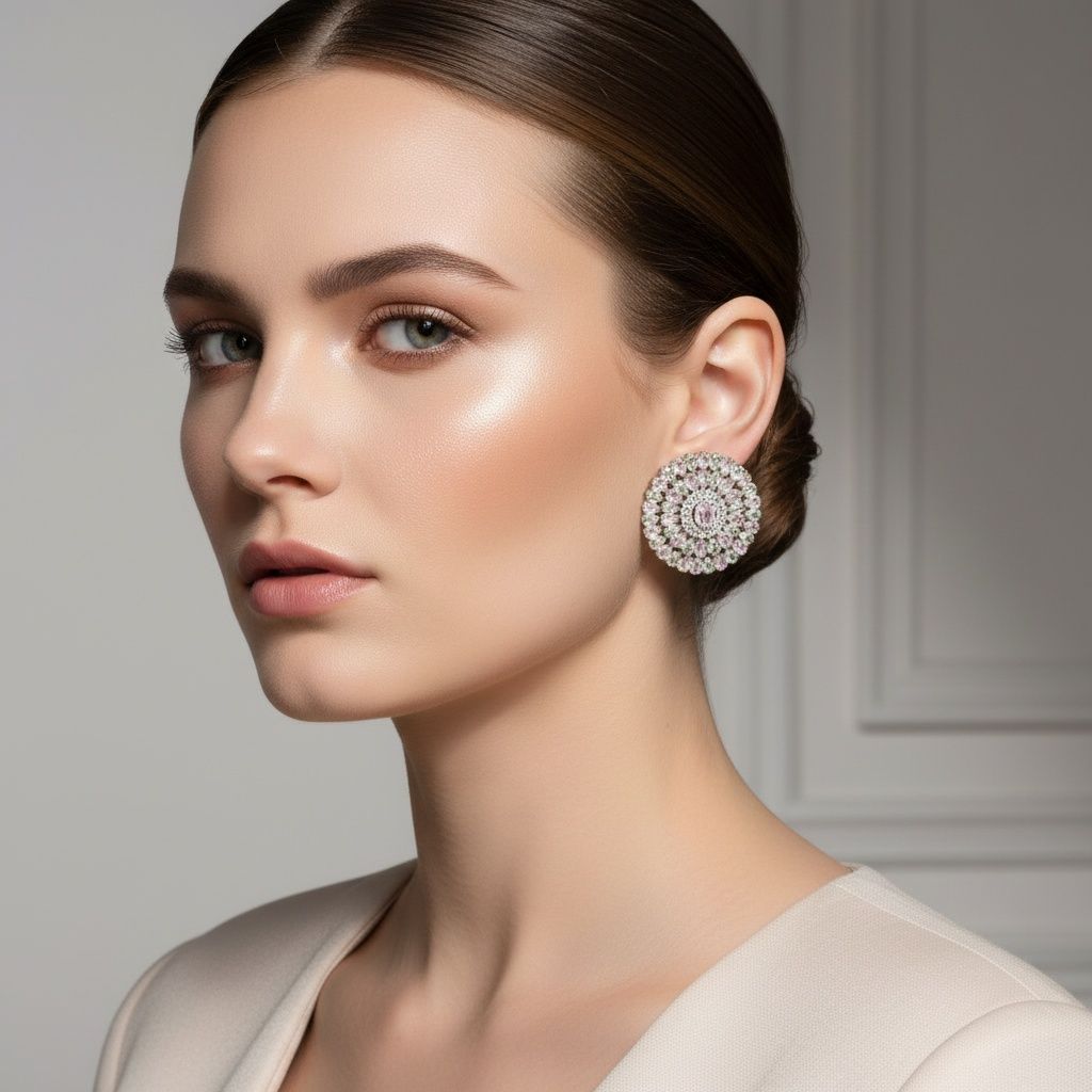 Clip On Pink Green Glass Teardrop Round Earrings