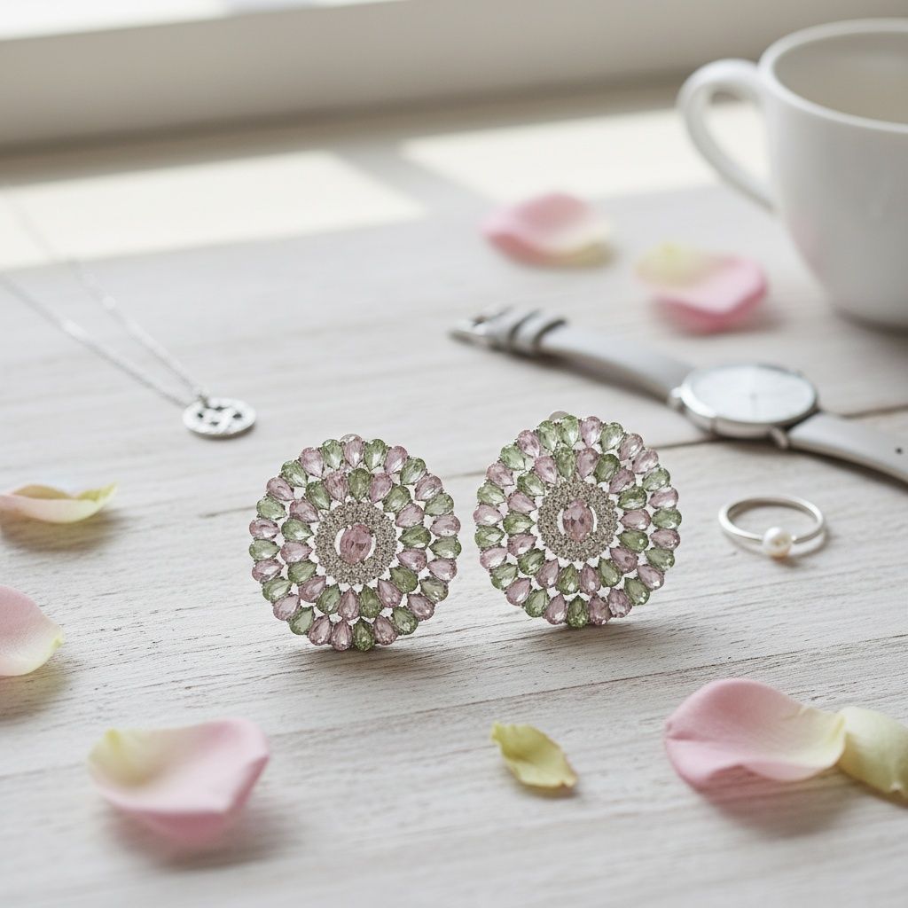 Clip On Pink Green Glass Teardrop Round Earrings