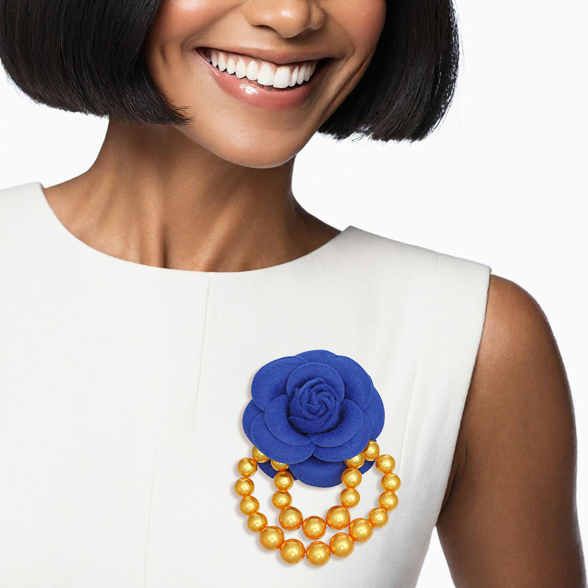 Blue Flower Draped Pearls Brooch