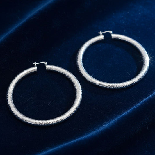Hoop Silver Polished Line Diamond Cut Earrings