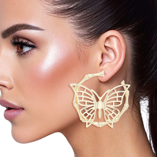 Hoop Dimensional Butterfly Gold Bamboo Earrings