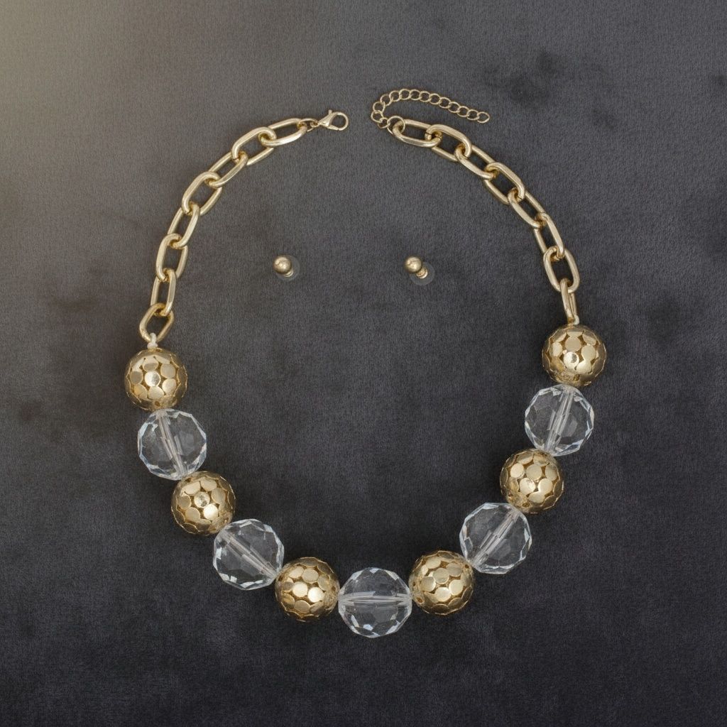 Chunky Faceted Clear and Metal Ball Bead Necklace
