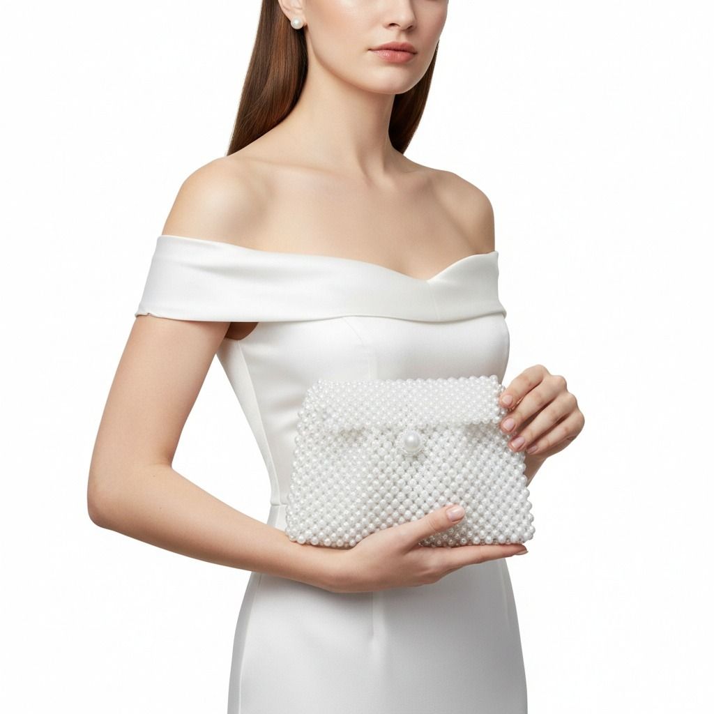 Evening Clutch White Pearl Woven Handmade Flap Bag