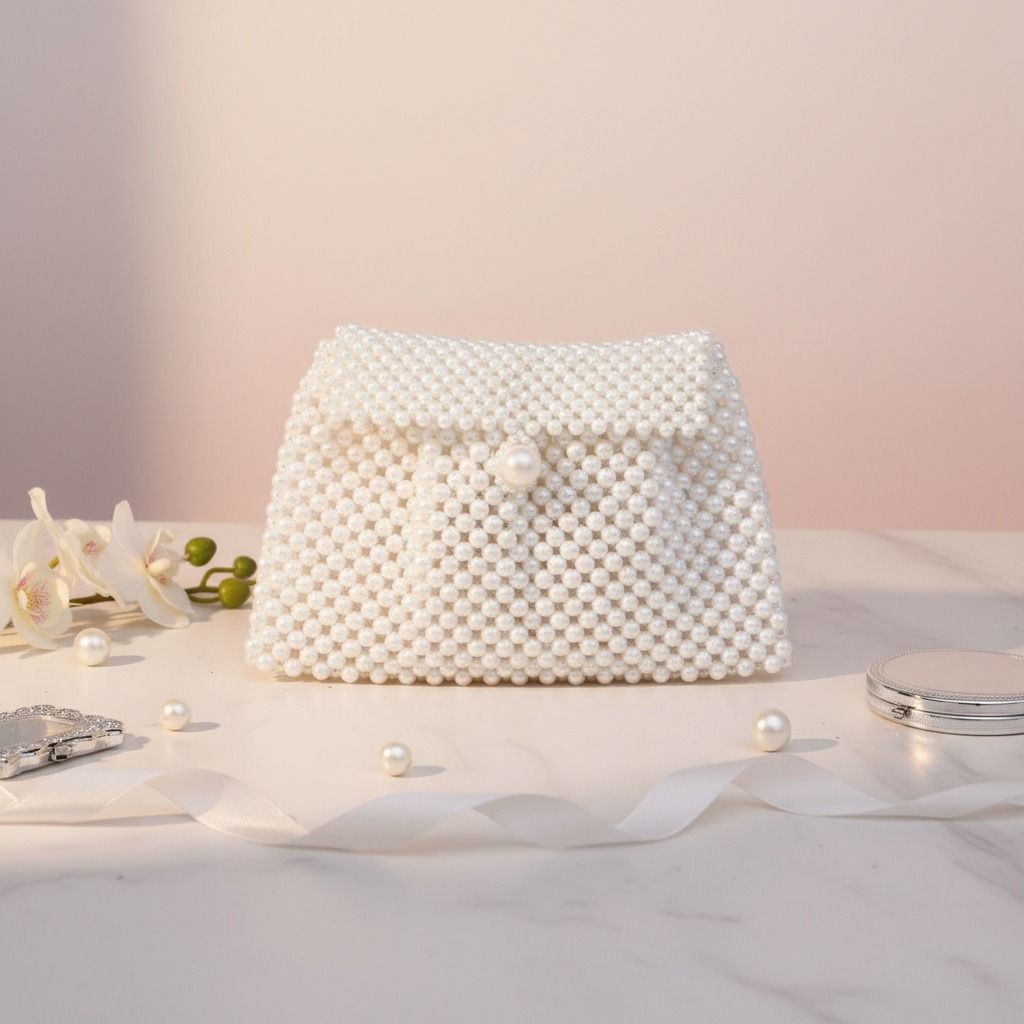 Evening Clutch White Pearl Woven Handmade Flap Bag
