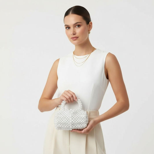 Barrel Bag Luminous White Pearl Woven Handbag