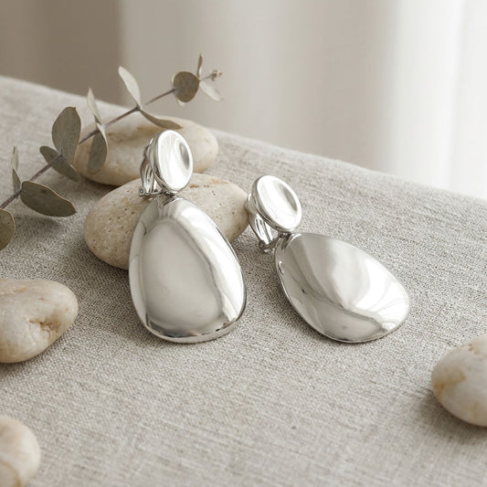 Clip On XL Silver Polished Curved Oval Earrings