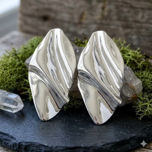 Clip On Silver Mirror Polish Melted Metal Earrings