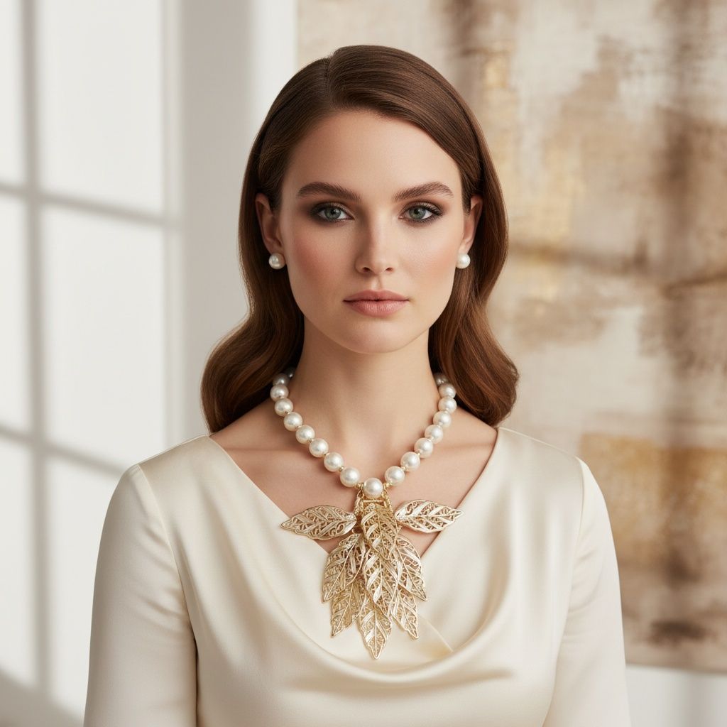 Bib Cream Pearl Gold Chunky Leaf Drop Necklace