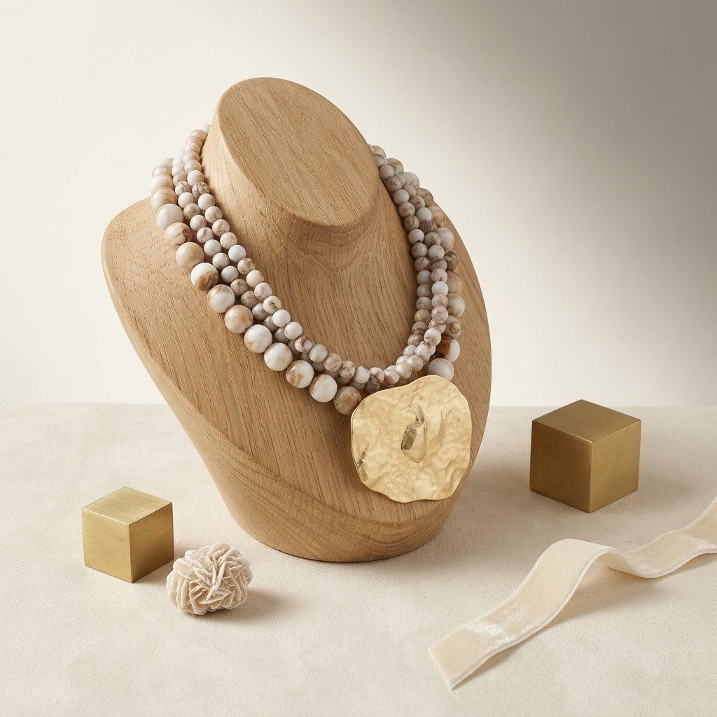 Tribal Ivory Stone Bead Hammered Gold Necklace
