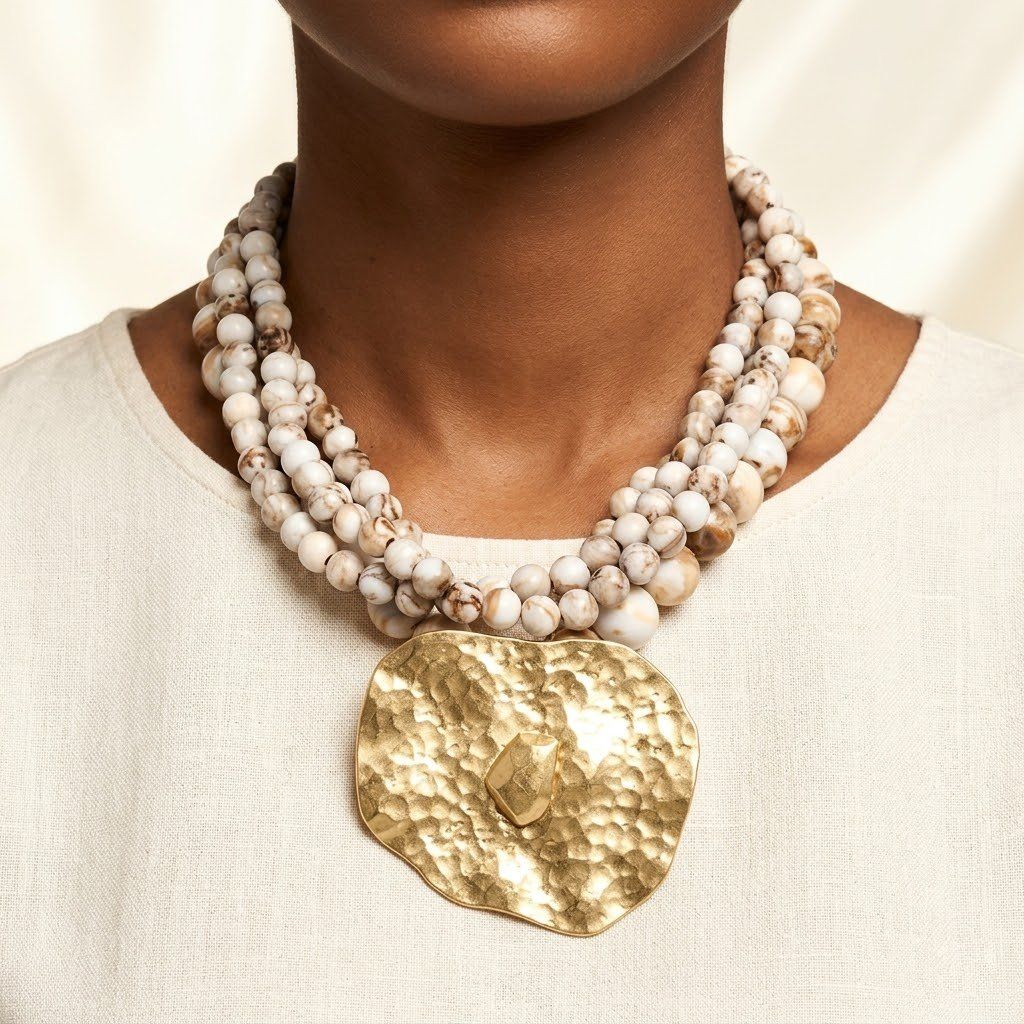 Tribal Ivory Stone Bead Hammered Gold Necklace