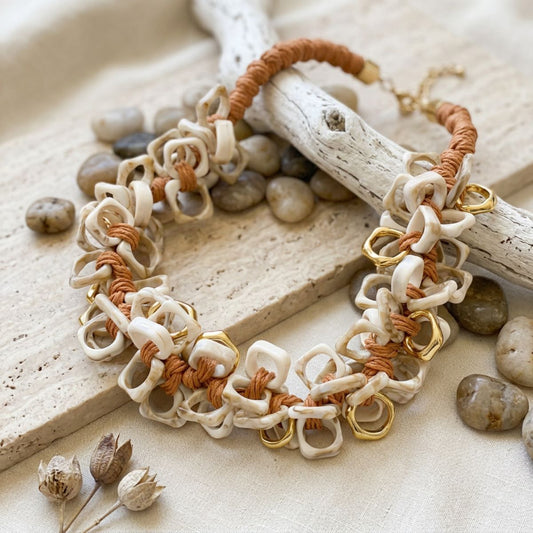 Tribal Marble Ivory Square Leather Woven Necklace