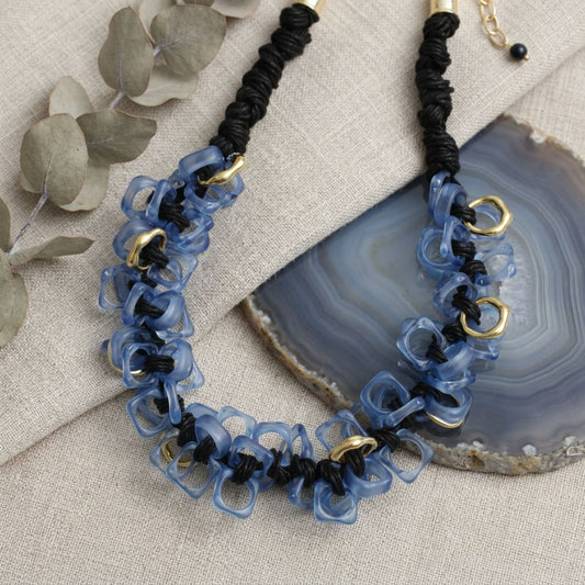 Tribal Marble Blue Square Leather Woven Necklace