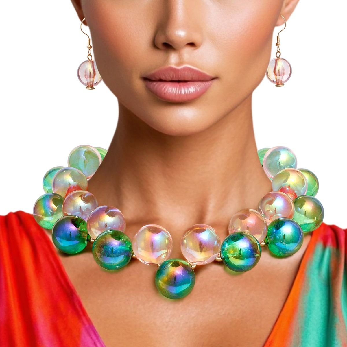 Necklace Pink Green Iridescent Bubble Ball Bead