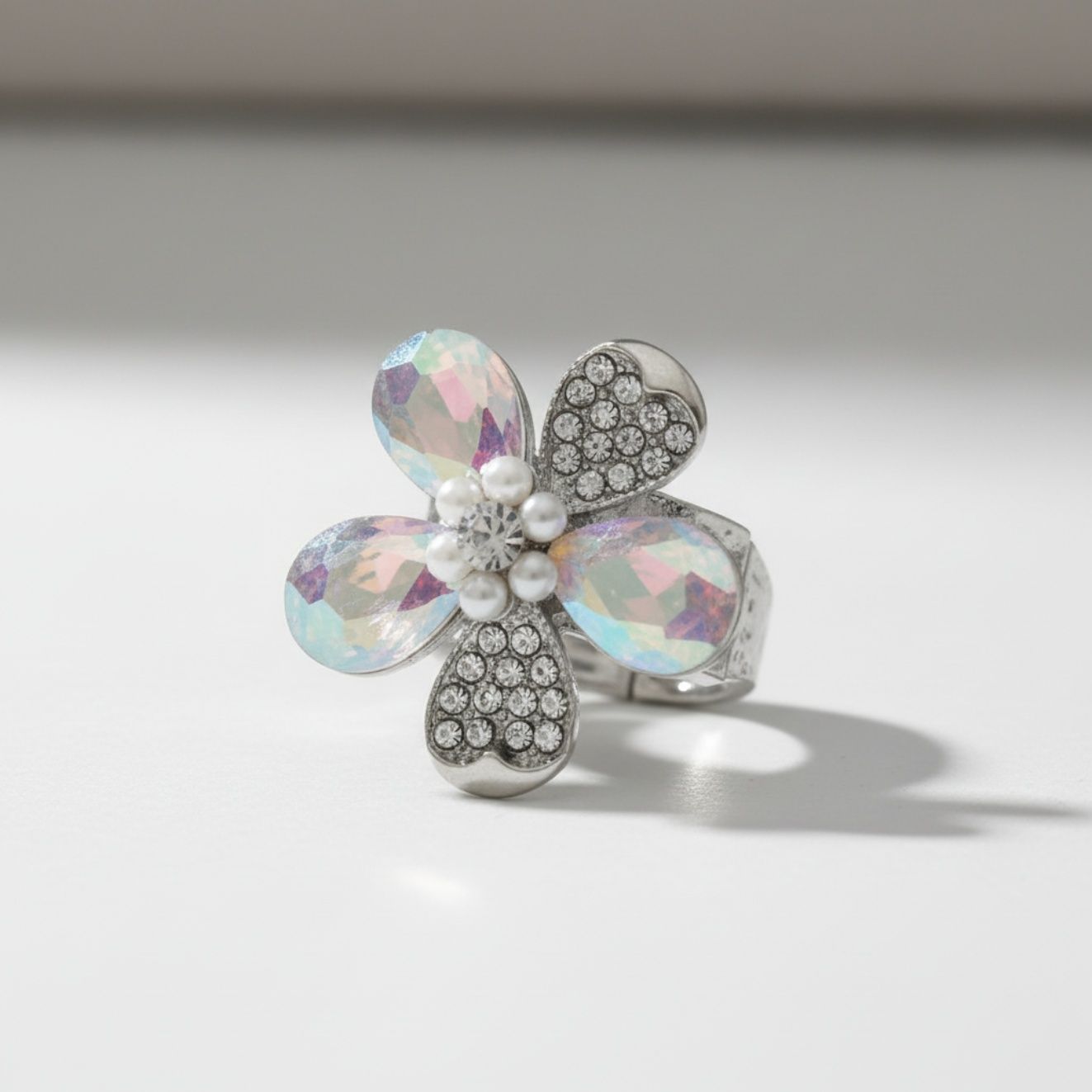 Cocktail Ring Silver Aurbo Teardrop Crystal Flower