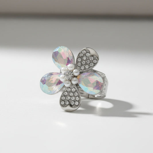 Cocktail Ring Silver Aurbo Teardrop Crystal Flower