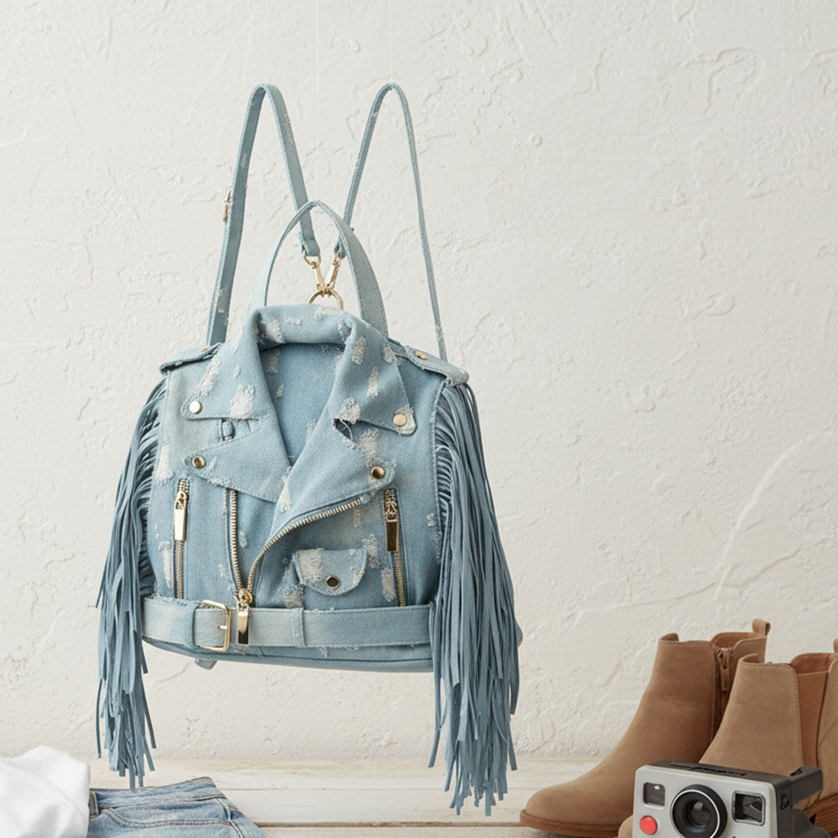 Moto Backpack Light Distressed Denim Handbag