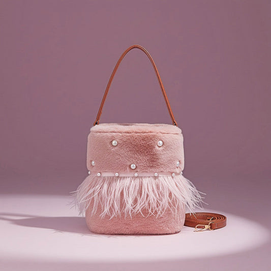 Mauve Fur Pearl Stud Bucket Bag