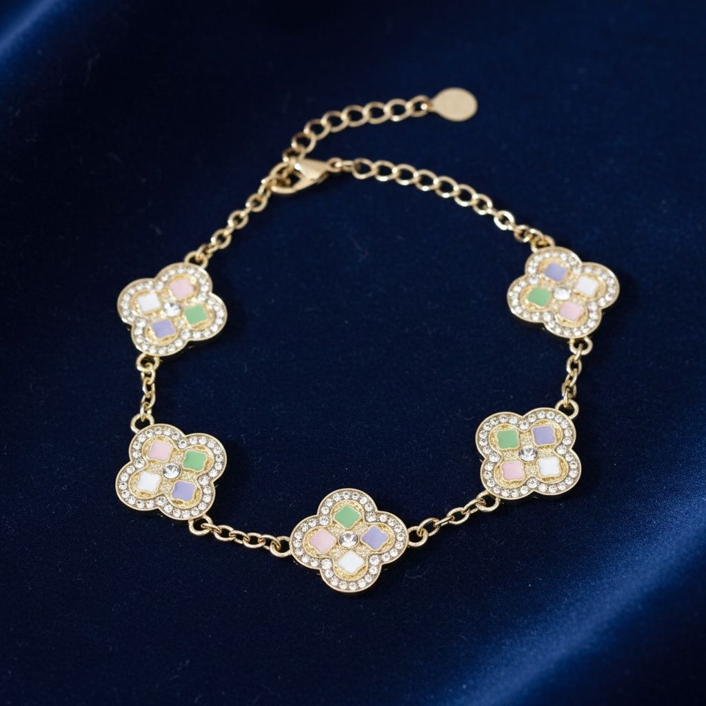 Colorful Encrusted Quatrefoil Motif Chain Bracelet